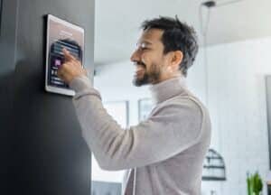 Smart home technology, wall system or man with digital dashboard screen for room lighting, safety s