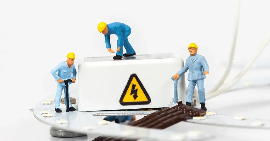 Miniature electrician figures working on an electrical box
